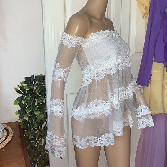 Tops - Y2K Sexy White LACE SHEER bare cold shoulder babydoll tunic blouse top S M NEW